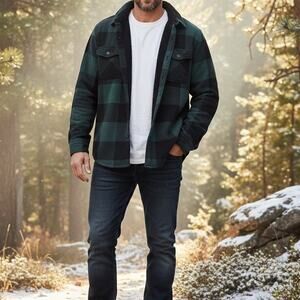 Freedom Foundry Men´s Green Black Plaid Fleece Shirt Jacket Size XL